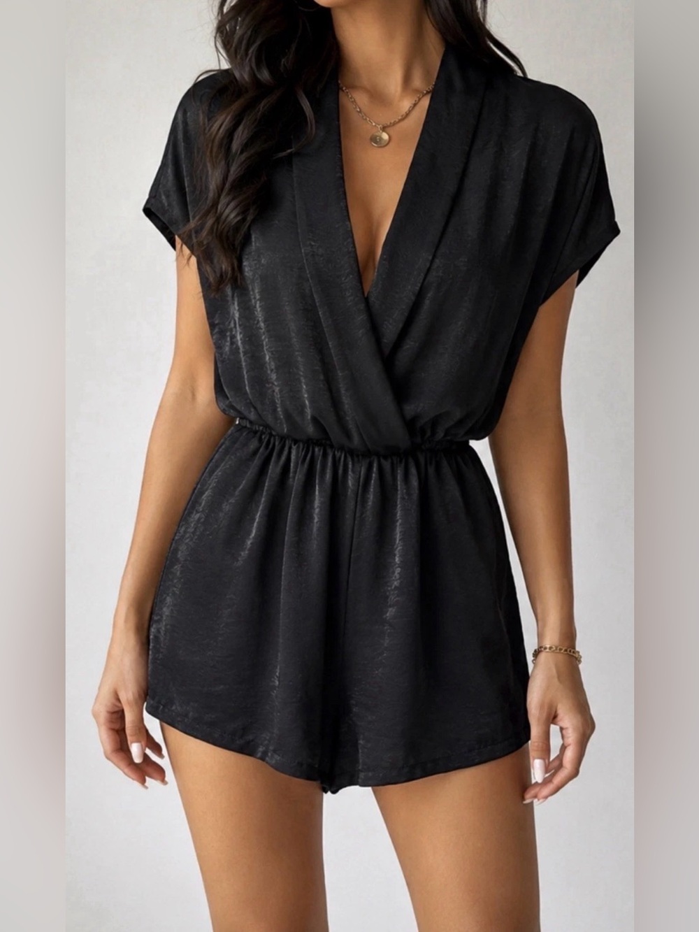 BiBi Black Satin Surplice Romper Dolman Sleeve Elastic Waist Dressy Size L.